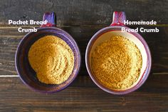 two bowls filled with bread crumbs on top of a wooden table next to each other