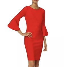 Beautiful And Elegant Calvin Klein Red Bell Sleeve Dress Brand New!! 3/4 Sleeve With Flounces. Metal Zipper In The Back! Size 4 Color Red Chic Red Half Sleeve Dress, Chic Red Dress With 3/4 Sleeves, Red 3/4 Sleeve Midi Dress For Fall, Red Midi Dress With 3/4 Sleeves, Red Midi Dress With 3/4 Sleeves For Fall, Elegant Red Midi Dress With 3/4 Sleeves, Elegant Solid Color Bell Sleeve Dresses, Red 3/4 Sleeve Dress For Work, Red Fitted Dress With 3/4 Sleeves