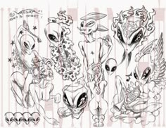 some very cute alien drawings in black and white