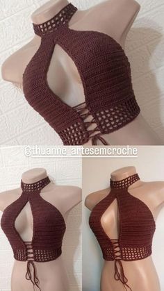 two pictures of a woman wearing a halter top with crochet on it