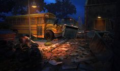 an old school bus in the middle of a rubble area at night with broken windows