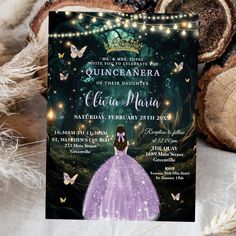 a purple princess birthday party with fairy lights and butterflies on the front, along with an envelope that says quincaanera of their daughter