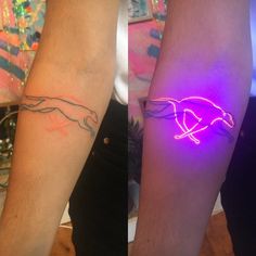 two people with tattoos on their arms and one has a neon colored light behind them