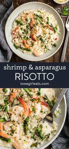 shrimp and asparagus risotto in a white bowl