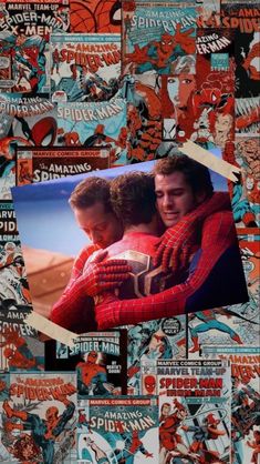 the amazing spider - man collage is shown in this image, it looks like he's hugging his friend