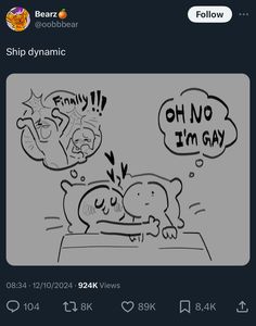 a cartoon drawing of two people sleeping on a bed with the caption ship dynamic oh no i'm gay