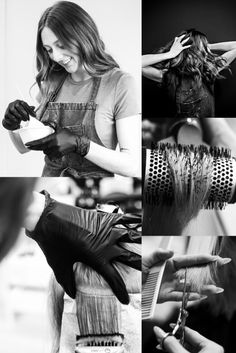 the woman is getting her hair done in black and white photos, then she has to do it