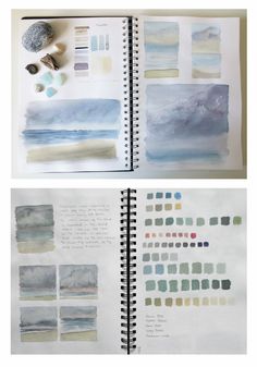 an open notebook with watercolor swatches on the pages and another page in it