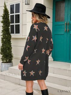 Lasaky - Mid-Length Womens Cardigan with Open-Front and Star Pattern Design, Casual Long Sleeve Sweater with pocket, Ideal for Fashionable Women Long Sleeve Sweater With Star Print For Fall, Long Sleeve Star Print Sweater For Fall, Winter Long Sleeve Star Print Sweater, Long Sleeve Star Print Winter Sweater, Winter Star Print Long Sleeve Sweater, Cozy Long Sleeve Sweater With Star Print, Casual Fall Sweater With Star Print, Casual Oversized Outerwear With Star Print, Casual Star Print Outerwear For Fall