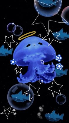 an octopus floating in the air surrounded by bubbles and stars on a black background with blue clouds