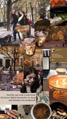 a collage of photos with coffee, food and people on the street in autumn