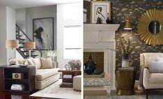 two different living room designs with gold accents and white couches in front of a fireplace