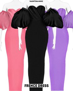 three different colored dresses on mannequins with one woman's body in the middle