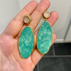 Yellow Gold Vermeil Turquoise Statement Earrings With Druzy Quartz On Top. Designer Nina Nguyen. Turquoise Statement Earrings, Druzy Quartz, Earrings Color, Turquoise Earrings, Gold Yellow, Druzy, Gold Vermeil, Statement Earrings, Wedding Jewelry