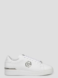 Philipp Plein low top sneakers, in smooth leather. - Round toe - Lace up - PP Hexagon metal loop-laces at the toe - Metal logo plate on the front tongue - PP Hexagon patch on the upper - Logo and Skull & Bones print on the back - Rubber sole - Made in Italy - Leather Low-top Sneakers With Embossed Logo For Streetwear, Low-top Synthetic Sneakers With Logo Print, White Low-top Platform Sneakers With Logo Detail, Low-top Synthetic Sneakers With Logo Detail, Phillip Plein Sneakers, Skull Bones, Low Top Sneakers, Metal Logo, Philipp Plein