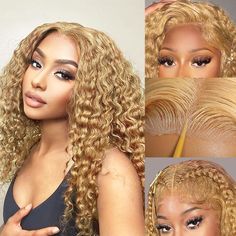 the side view of a blonde wig with curly hair on top and bottom, in three different views