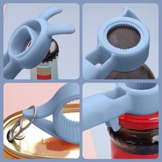 four pictures showing how to use scissors to open jars