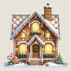 a gingerbread house decorated for christmas with candy canes and decorations on the windows