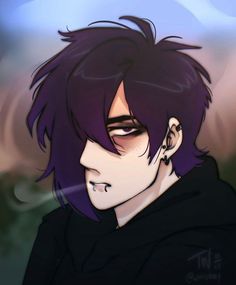 an anime character with purple hair and black shirt looking to his left, in front of the sky