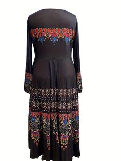 Plus Size Boho Dress, Women's Plus Floral Print Long Sleeve Round Neck Maxi Dress Bohemian Long Sleeve Stretch Dress, Bohemian Long Stretch Dresses, Black Printed Tunic Dress, Stretch Bohemian Printed Dresses, Bohemian Stretch Printed Dresses, Black Stretch Bohemian Dress, Black Floral Print Tunic Dress, Black Tunic Dress With Floral Print, Boho Kimono Outfit