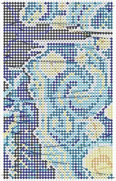 a cross stitch pattern with an image of a woman's face in blue and yellow