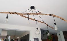 a wooden branch with light bulbs hanging from it