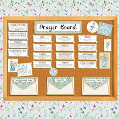 a bulletin board with flowers and cards on it