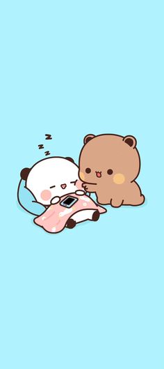 two teddy bears laying next to each other on top of a blue background with the caption