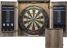 an image of a dart board and darts in a wooden box with instructions on it