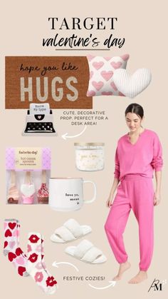 a woman in pink pajamas and accessories for valentine's day