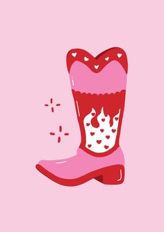 Pink and red cowboy boot art print, with flame and heart details. Cowboy Boot Art, Tod Bag, Pink Cowboy Boot, Heart Flame, Boot Art, Trendy Room Decor, Y2k Heart, Pink Cowboy, Tassen Design