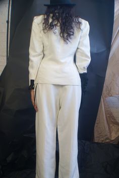 Vintage White Suit With Black Piping Measurements:jacket: shoulders-32'',chest-32'', waist-30'', length-25'', underarm to sleeve length-18'' pants: waist-30'', hips-40'',inseam-27'' Fits sizes S-M Vintage from the 1980's Condition: perfect Revamped by ULTRA-CAT in California Fitted Evening Pantsuit With Pockets, Evening Fitted Pantsuit With Pockets, Fitted Full-length Blazer For Spring, Piping, Suits For Women, White Vintage, Jumpsuit, Sleeve Length, White