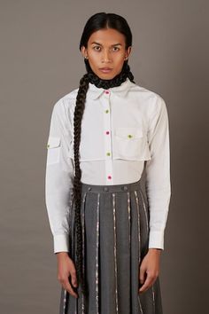 White cotton shirt with contrast buttons and U shaped collar. - Aza Fashions Cotton Shirt With Contrast Collar For Work, Workwear Shirt With Contrast Collar, Workwear Tops With Contrast Spread Collar, Womens Work Shirt, White Cotton Shirt, Work Shirt, Full Sleeves, Shirt For Women, Online Tops