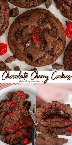 chocolate cherry cookies are stacked on top of each other