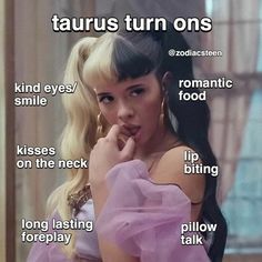 a woman in a pink dress with the words taurus turn ons above her