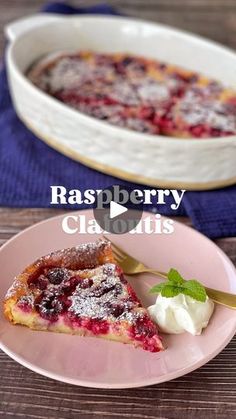 raspberry claffette on a pink plate next to a serving dish