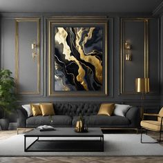 an elegant living room with gold accents and black walls, along with a gray couch