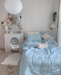 a white dog laying on top of a blue comforter in a bed room next to a window