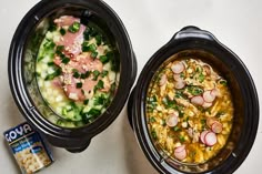 two crockpots filled with food sitting on top of a white counter next to a box of macaroni and cheese