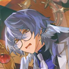 an anime character with blue hair and glasses holding a gold object in front of him