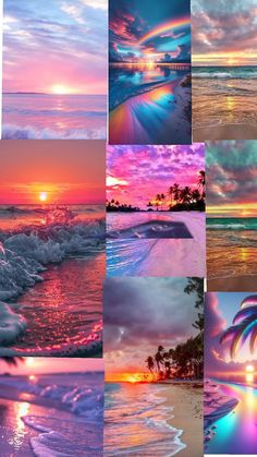 a collage of different sunsets and clouds over the ocean with palm trees in the foreground