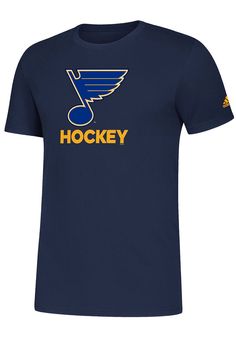 Show off your team pride in this St Louis Blues Navy Blue Hockey Club Short Sleeve T Shirt! This STL Blues Short Sleeve Tee features a screen printed team logo with "HOCKEY" underneath. Make sure everyone knows you root for the Blues with this Navy Blue STL Blues T Shirt. Long Live the Note! Screen printed team graphic on center chest, Screen printed Adidas logo on left sleeve, Ribbed collar, Fit: True to Size, 100% Cotton, Machine Washable, Imported Navy Team Logo Fan Apparel Top, Navy Team Name Jersey Tops, Navy Tops With Team Logo For Sports Season, Navy Tops With Team Logo For Fan Gear, Navy Crew Neck Fan Apparel Top, Blue Crew Neck T-shirt For Sports Season, Navy Crew Neck T-shirt For Sports Season, Navy Tops For Sports Season Fan Gear, Blue Team Spirit Jersey T-shirt