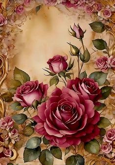 a painting of pink roses in a gold frame