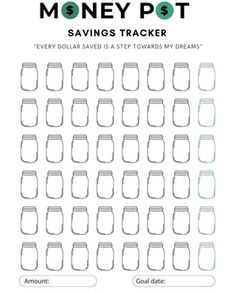 the money pot savings tracker is shown in black and white, with an image of mason jars