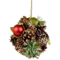 This unique ball ornament will add a touch of nature to your trees with pine needles and pinecones. The red berries and shiny red ornaments provide a pop of color. It will be will be your favorite ornament for many years to come. Product Features: Hanging pinecone Christmas ornament Designed with pine needles and leaves Accented with red berries and shiny red ornaments Embellished with a light dusting of frost Fully dimensional ornament For indoor use only Comes ready-to-hang on jute rope Dimens Pinecone Christmas, Modern Christmas Ornaments, Pine Cone Crafts, Red Ornaments, Pine Needles, Holly Leaf, Christmas Decorations Ornaments, Christmas Ball, Ornaments Design