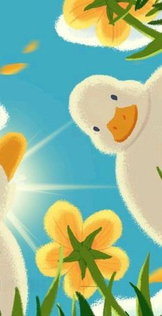 two white ducks floating in the air with yellow flowers