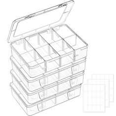 three clear plastic storage containers stacked on top of each other with dividers for lids