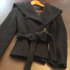 Great Condition Lined Inside With One Button On The Side Designer Fall Office Outerwear, Designer Long Sleeve Pea Coat For Winter, Designer Fitted Pea Coat For Winter, Designer Fitted Pea Coat For Fall, Designer Fitted Outerwear For Fall, Designer Fitted Winter Outerwear, Everything And Nothing, Jacket With Hood, Glutes Workout