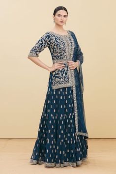 Buy Blue Blouse And Lehenga Cotton Embellished Lace Trims Scoop Neck Set For Women by POMCHA JAIPUR Online at Aza Fashions. Sharara Jacket, Kurta And Lehenga, Peplum Lehenga, Brocade Lehenga, Shantanu And Nikhil, Embellished Blouse, Embroidered Neckline, Designer Gowns