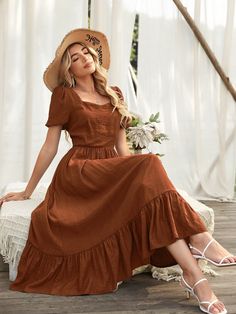 Puff Sleeve Dress, Modest Clothing, Ruffle Hem Dress, Puffed Sleeves Dress, Brown Dress